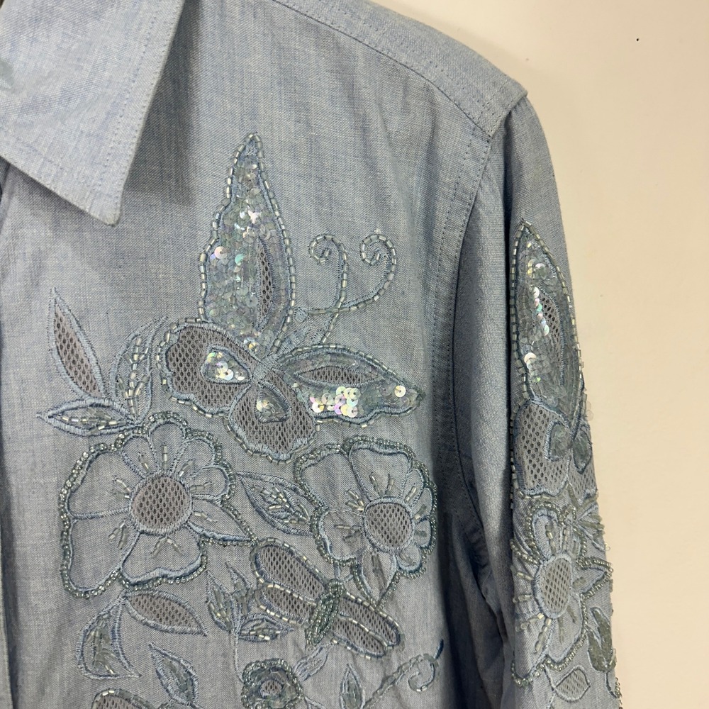 Quacker Factory Button Up Shirt Womens Small Floral Butterfly Sequin Embroidered - Picture 5 of 8
